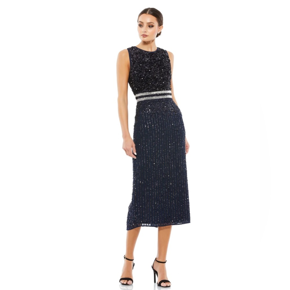 Mac Duggal Beaded Sleeveless‎ High Neck Midi Sheath Dress in Navy NWT